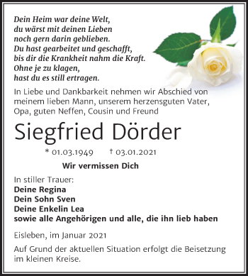 Traueranzeige von Siegfried Dörder von Mitteldeutsche Zeitung Mansfelder Land