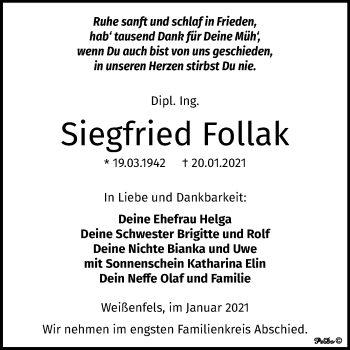 Traueranzeige von Siegfried Follak von Mitteldeutsche Zeitung Weißenfels