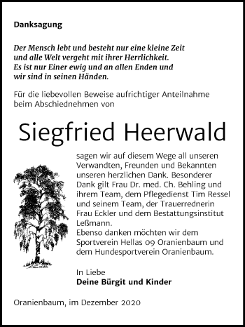 Traueranzeige von Siegfried Heerwald von Mitteldeutsche Zeitung Wittenberg