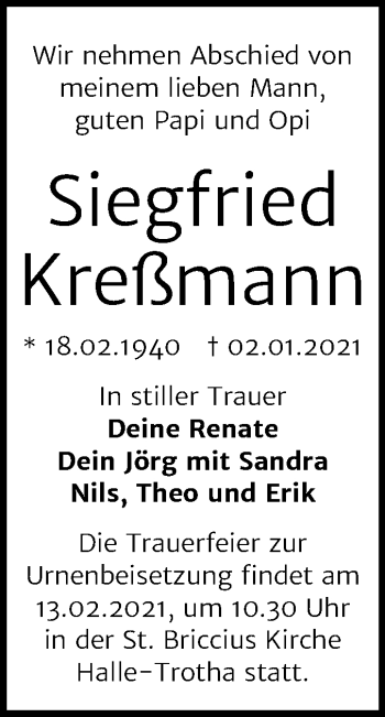 Traueranzeige von Siegfried Kreßmann von Mitteldeutsche Zeitung Halle/Saalkreis