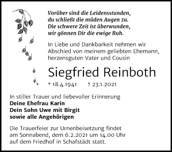Traueranzeige von Siegfried Reinboth von Super Sonntag Merseburg/Querfurt