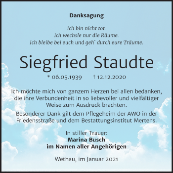 Traueranzeige von Siegfried Staudte von Mitteldeutsche Zeitung Naumburg/Nebra