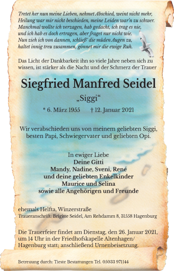 Traueranzeige von Siegfried Manfred Seidel von Mitteldeutsche Zeitung Mansfelder Land