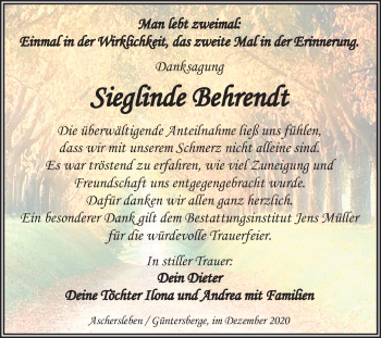 Traueranzeige von Sieglinde Behrendt von Super Sonntag Aschersleben / Quedlinburg