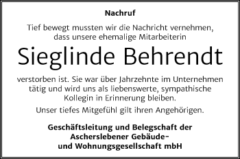 Traueranzeige von Sieglinde Behrendt von Super Sonntag Aschersleben