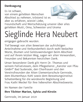 Traueranzeige von Sieglinde Hera Neubert von Mitteldeutsche Zeitung Quedlinburg