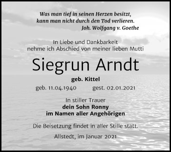 Traueranzeige von Siegrun Arndt von Super Sonntag Sangerhausen