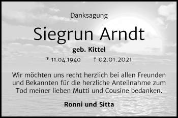 Traueranzeige von Siegrun Arndt von Super Sonntag Sangerhausen