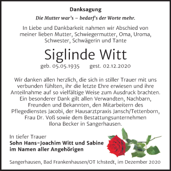 Traueranzeige von Siglinde Witt von Super Sonntag Sangerhausen