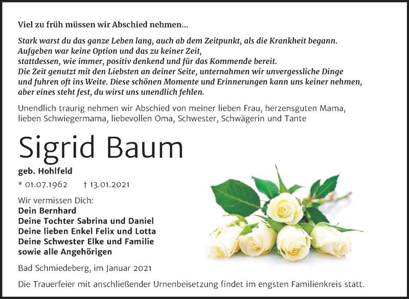  Traueranzeige für Sigrid Baum vom 23.01.2021 aus Super Sonntag Wittenberg
