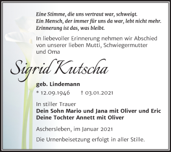 Traueranzeige von Sigrid Kutscha von Mitteldeutsche Zeitung Aschersleben
