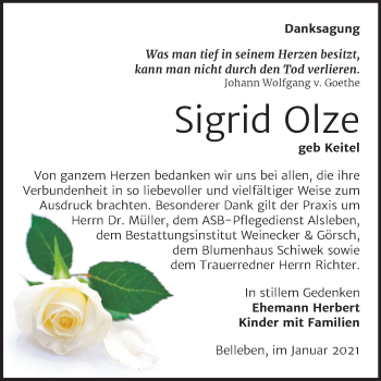 Traueranzeige von Sigrid Olze von Mitteldeutsche Zeitung Bernburg