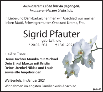 Traueranzeige von Sigrid Pfauter von Mitteldeutsche Zeitung Weißenfels