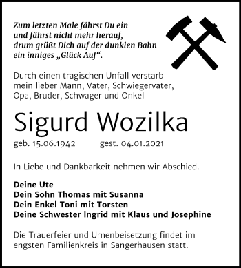 Traueranzeige von Sigurd Wozilka von Mitteldeutsche Zeitung Sangerhausen