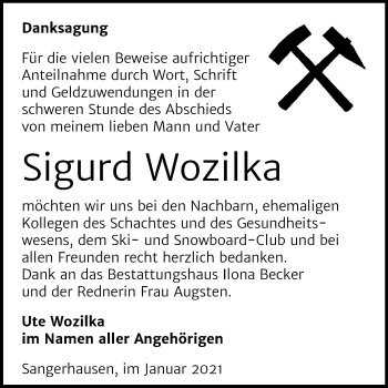 Traueranzeige von Sigurd Wozilka von Mitteldeutsche Zeitung Sangerhausen