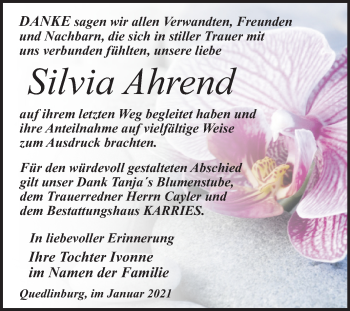 Traueranzeige von Silvia Ahrend von Super Sonntag Quedlinburg