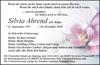 Traueranzeige von Silvia Ahrend von Super Sonntag Quedlinburg