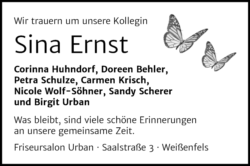  Traueranzeige für Sina Ernst vom 16.01.2021 aus Super Sonntag Weißenfels
