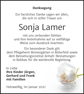 Traueranzeige von Sonja Lamer von Mitteldeutsche Zeitung Bitterfeld