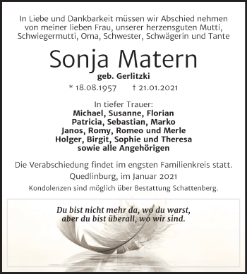 Traueranzeige von Sonja Matern von Super Sonntag Quedlinburg