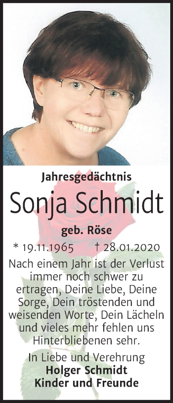 Traueranzeige von Sonja Schmidt von Mitteldeutsche Zeitung Köthen