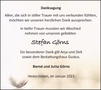 Traueranzeige von Stefan Görns von Mitteldeutsche Zeitung Quedlinburg