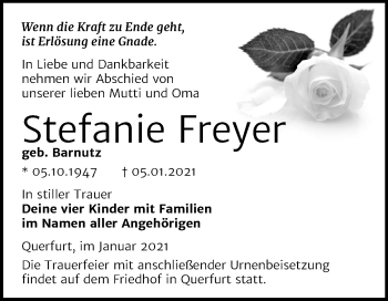 Traueranzeige von Stefanie Freyer von Mitteldeutsche Zeitung Merseburg/Querfurt