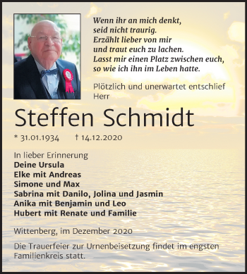 Traueranzeige von Steffen Schmidt von Super Sonntag Wittenberg