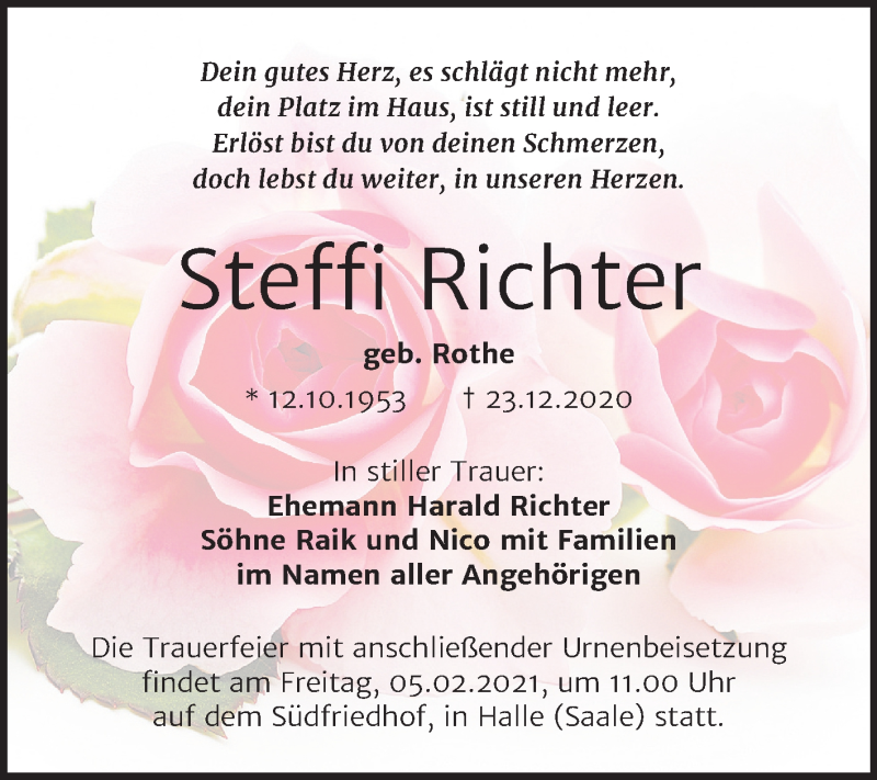  Traueranzeige für Steffi Richter vom 16.01.2021 aus Mitteldeutsche Zeitung Merseburg/Querfurt