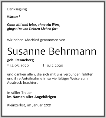 Traueranzeige von Susanne Behrmann von Super Sonntag Köthen