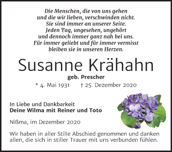 Traueranzeige von Susanne Krähahn von Mitteldeutsche Zeitung Zeitz