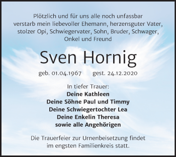 Traueranzeige von Sven Hornig von Super Sonntag Mansfelder Land