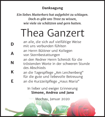 Traueranzeige von Thea Ganzert von Mitteldeutsche Zeitung Wittenberg