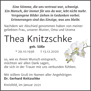 Traueranzeige von Thea Knitzschke von Mitteldeutsche Zeitung Mansfelder Land