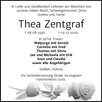 Traueranzeige von Thea Zentgraf von Super Sonntag Naumburg/Nebra