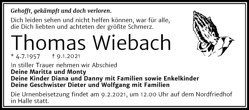  Traueranzeige für Thomas Wiebach vom 30.01.2021 aus Super Sonntag Naumburg/Nebra