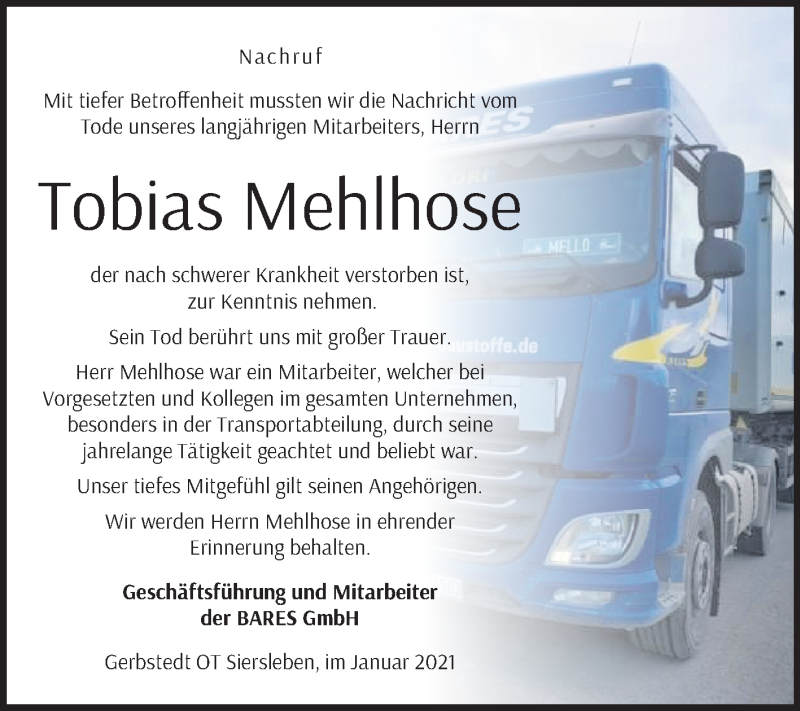  Traueranzeige für Tobias Mehlhose vom 16.01.2021 aus Mitteldeutsche Zeitung Mansfelder Land