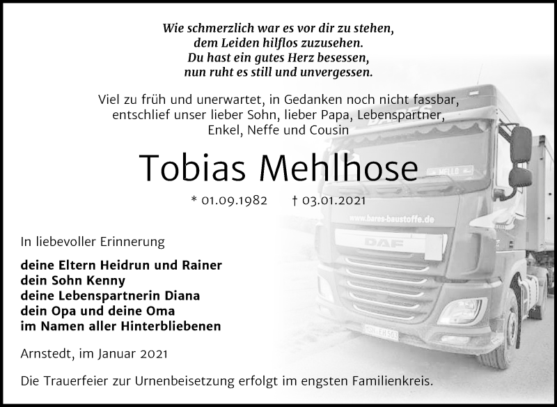 Traueranzeige für Tobias Mehlhose vom 16.01.2021 aus Super Sonntag Mansfelder Land