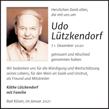 Traueranzeige von Udo Lützkendorf von Mitteldeutsche Zeitung Naumburg/Nebra