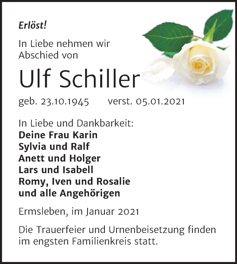  Traueranzeige für Ulf Schiller vom 13.01.2021 aus Mitteldeutsche Zeitung Quedlinburg