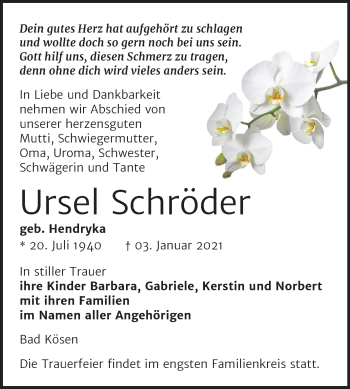 Traueranzeige von Ursel Schröder von Mitteldeutsche Zeitung Naumburg/Nebra