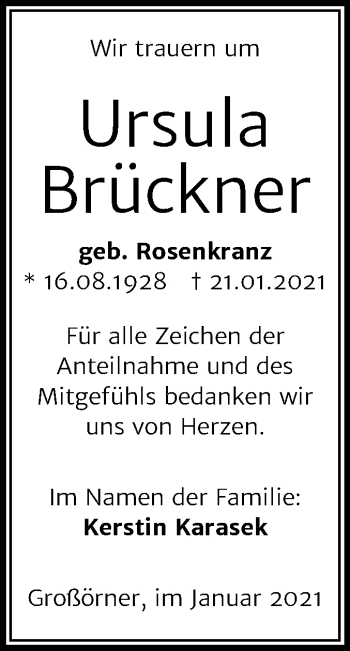 Traueranzeige von Ursula Brückner von Super Sonntag Mansfelder Land