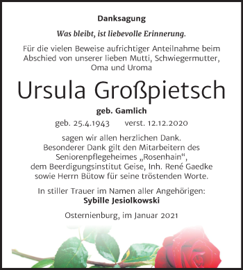 Traueranzeige von Ursula Großpietsch von Super Sonntag Köthen