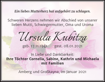 Traueranzeige von Ursula Kubitza von Super Sonntag Merseburg/Querfurt