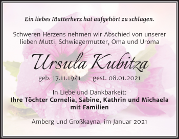 Traueranzeige von Ursula Kubitza von Mitteldeutsche Zeitung Merseburg/Querfurt