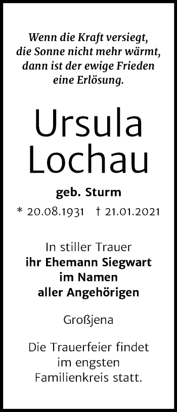 Traueranzeige von Ursula Lochau von Mitteldeutsche Zeitung Naumburg/Nebra