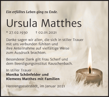Traueranzeige von Ursula Matthes von Mitteldeutsche Zeitung Naumburg/Nebra