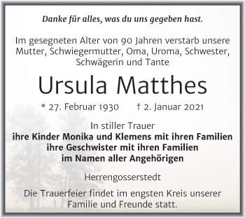 Traueranzeige von Ursula Matthes von Mitteldeutsche Zeitung Naumburg/Nebra