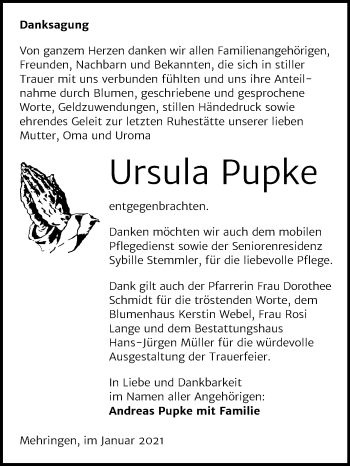 Traueranzeige von Ursula Pupke von Super Sonntag Aschersleben