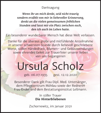 Traueranzeige von Ursula Scholz von Mitteldeutsche Zeitung Wittenberg